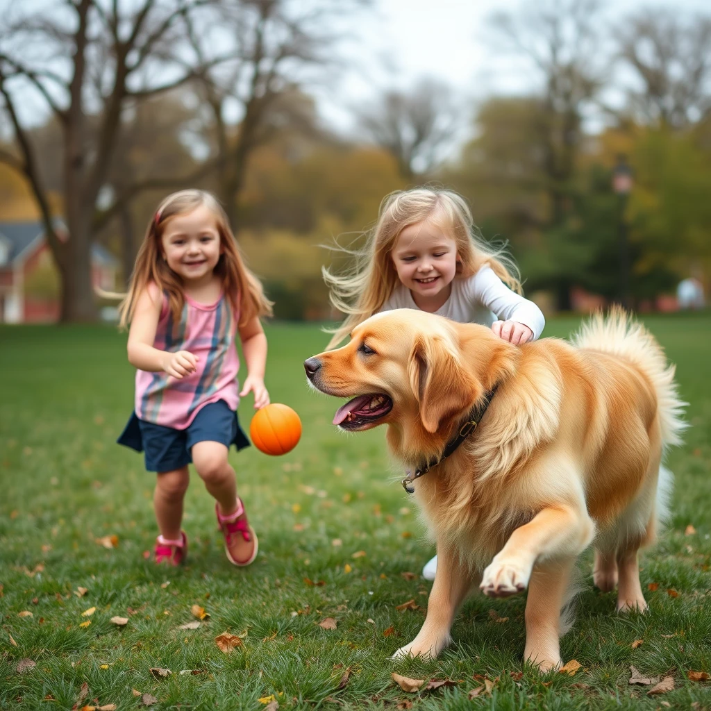 Two girls (10 and 4 years old) playing fetch with a golden retriever in a park.