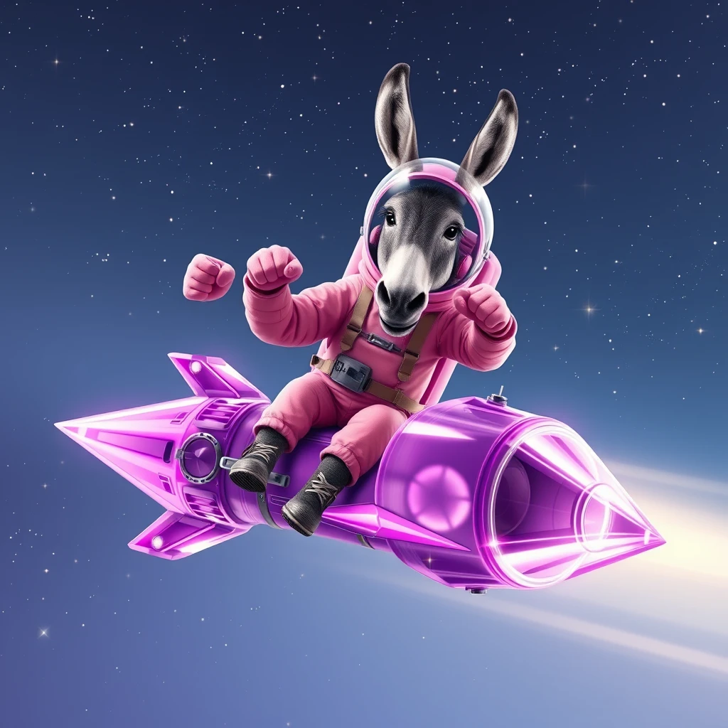 An ambitious donkey wearing pink astronaut costume, riding on a crystal light purple stunning spaceship, making a punching gesture, flying to the outerspace under a clear night sky with lots of shining stars. Realistic style.