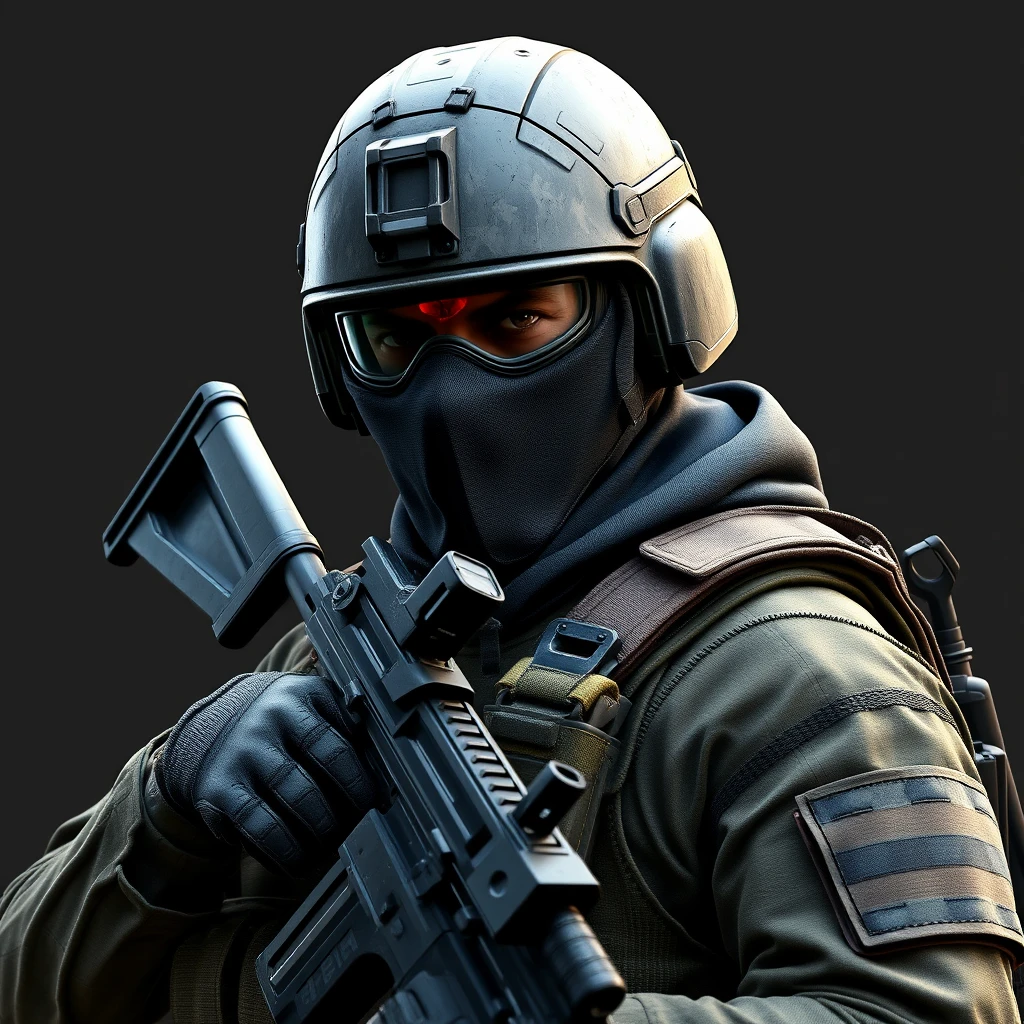 A detailed and realistic photograph of an armed soldier in the style of Unreal Engine, he is wearing full gear including a helmet covering his face, tactical vest and gloves, Call Of Duty game style character design, high resolution, high quality, high detail, high definition, high quality.