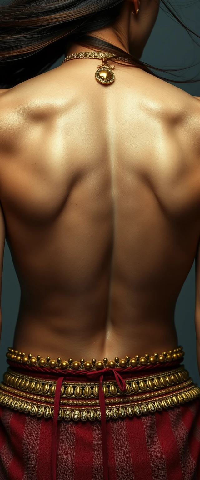 Close-up view of an unrealistically highly muscular back with big shiny muscles of a tall Asian woman, hair flying in the air, wearing gold ornaments on her waist and neck. - Image