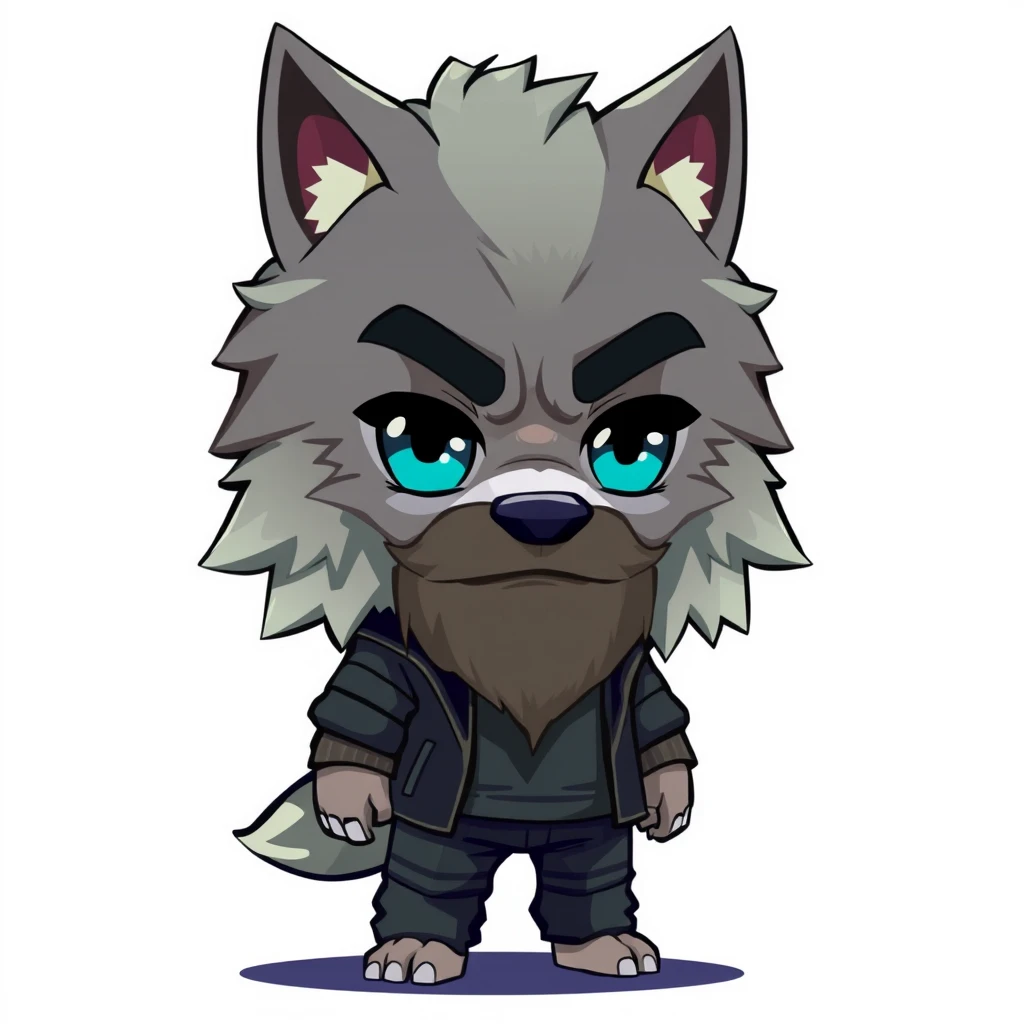 A 2D, chibi-style werewolf, with a beard, the lower half is human-shaped, and the whole body is dressed. - Image