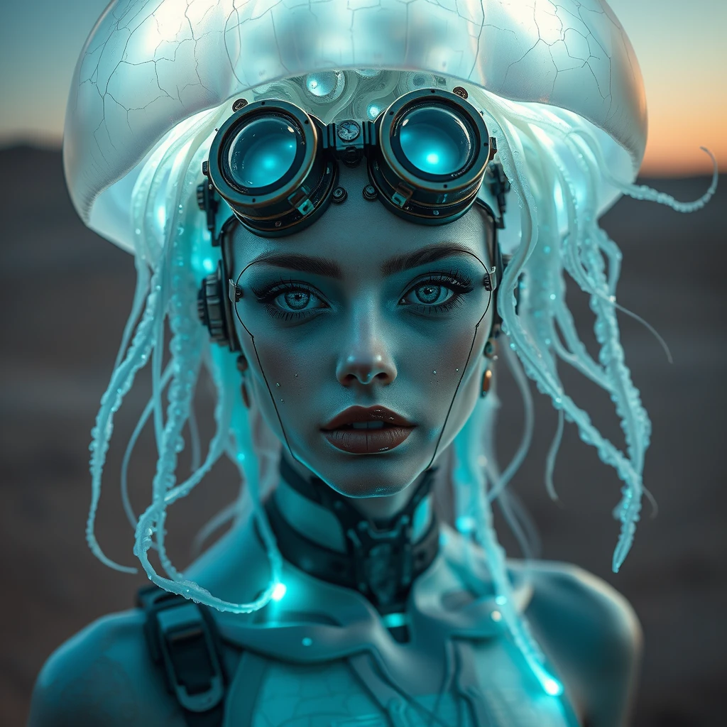 Ethereal cyborg woman, bioluminescent jellyfish headdress. Steampunk goggles blend with translucent tentacles. Cracked porcelain skin meets iridescent scales. Mechanical implants and delicate tendrils intertwine. Human features with otherworldly glow. Dreamy aquatic hues contrast weathered metal. Reflective eyes capture unseen worlds. Soft bioluminescence meets harsh desert backdrop. Fusion of organic and synthetic, ancient and futuristic. Hyper-detailed textures, surreal atmosphere. - Image