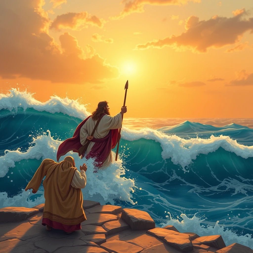 Prophet Moses AS splitting the sea, and he ordered all the children of Israel to cross the sea, which was granted a miracle by God. - Image