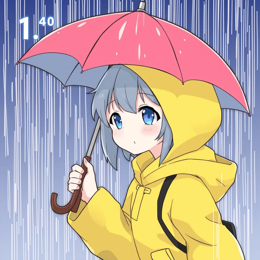 "Anime character, holding an umbrella in the rain, temperature 1 degree." - Image