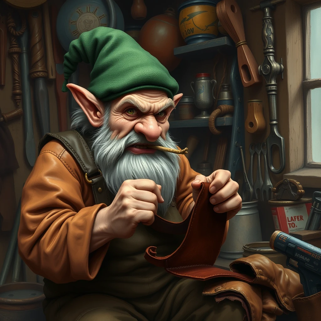 An old angry dwarf with leather overalls and a green round fez sowing 2 dark brown pieces of leather together in a dingy shop filled with tools while chewing on a toothpick.