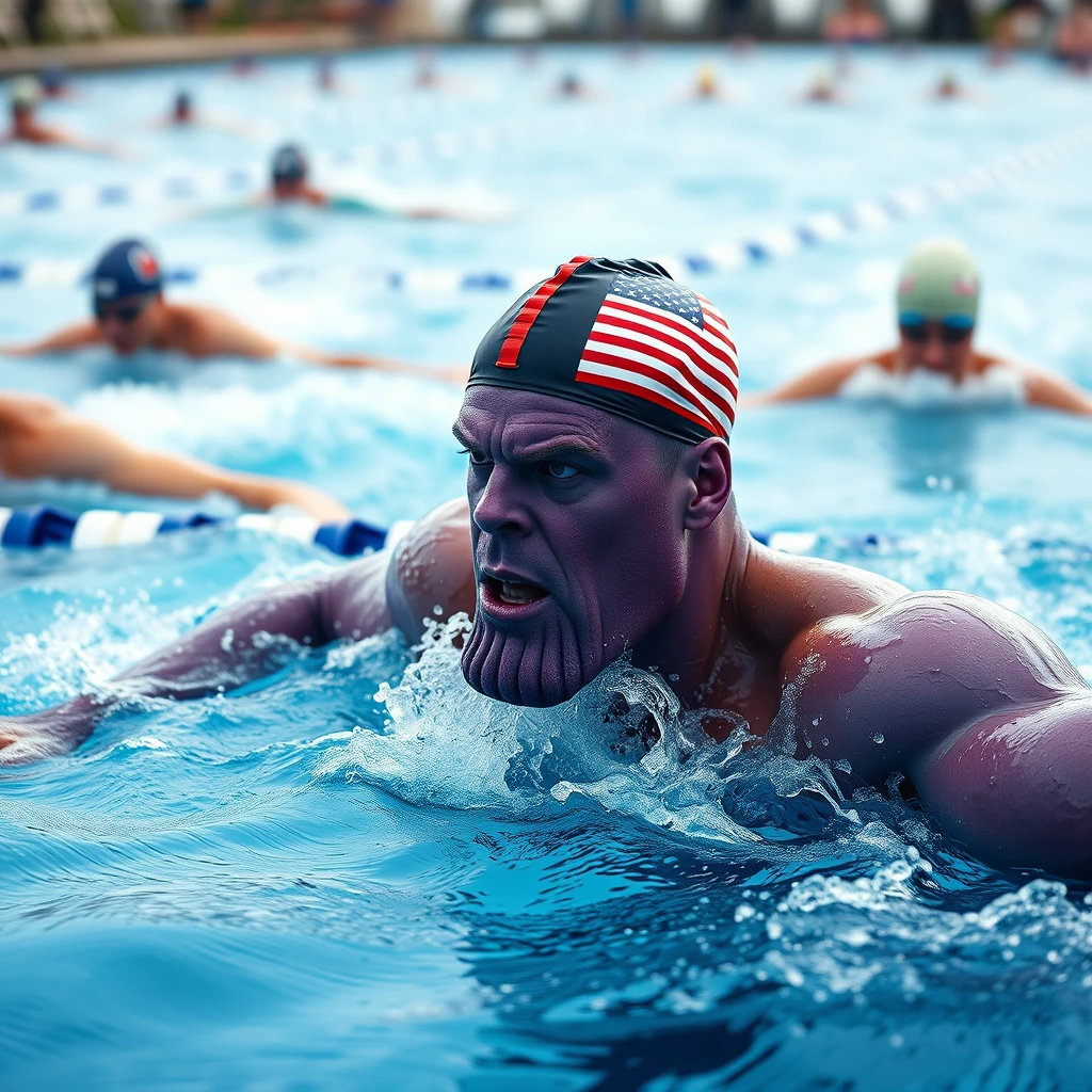 Only the purple-headed Thanos is competing with others in swimming, wearing a swimming cap with the American flag, in a realistic style, swimming action, panoramic photo.