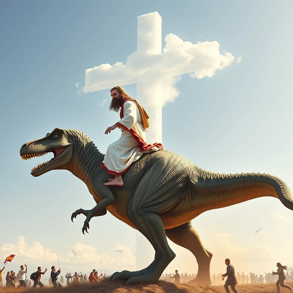 Jesus riding a T-Rex, clear sky, people fleeing in terror, cloud in the shape of a cross in the sky. - Image