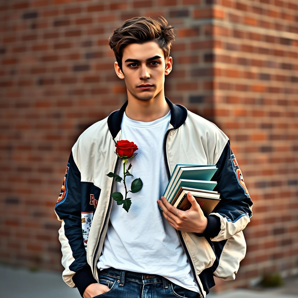 Freddie Prinze head and body shot, handsome, young, serious face, white T-shirt, collage jacket, skinny jeans, sneakers, holding a red rose and some books, hyper-realistic, street photography, brick wall, full body photo, sunrise.