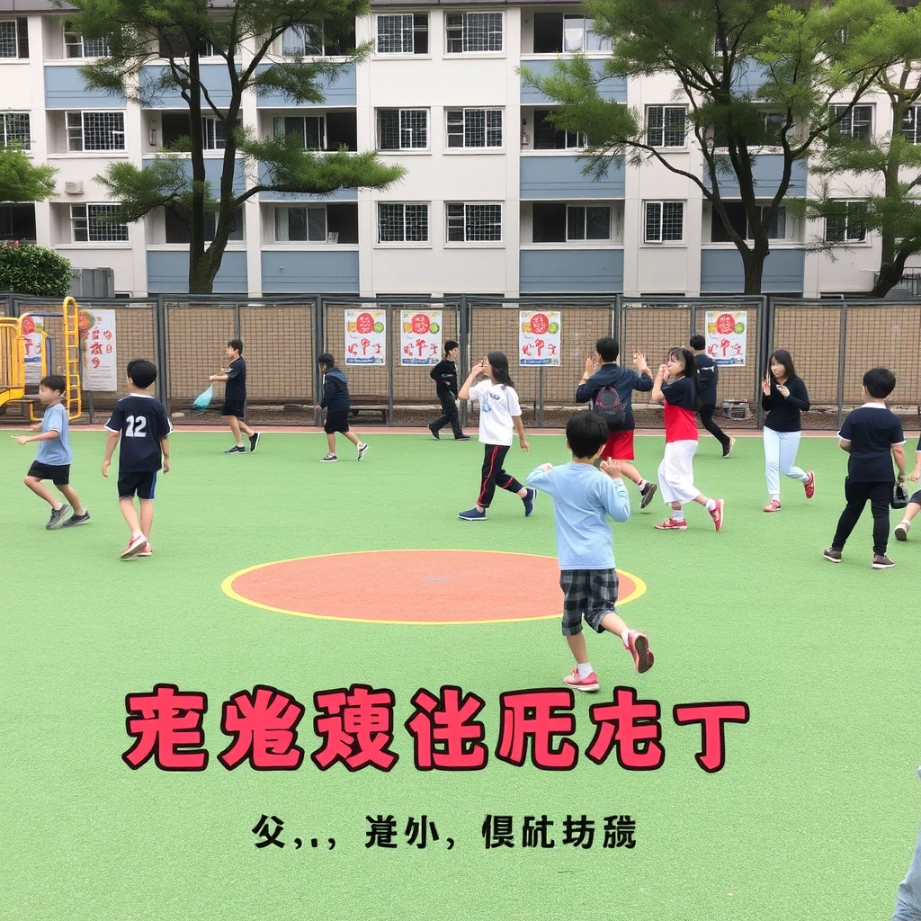 On the playground at school, there are students exercising, there are Chinese characters, and there is no Japanese.