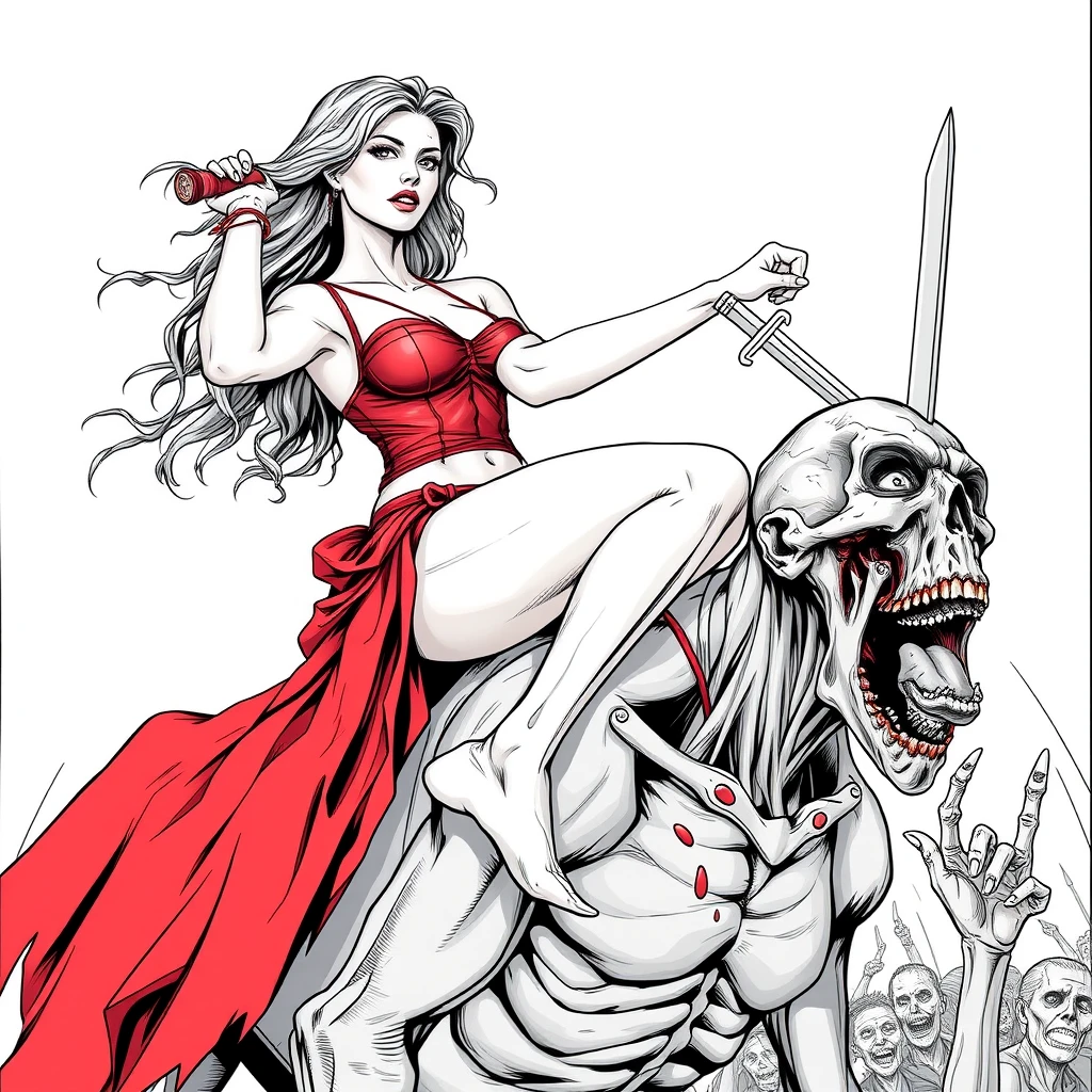 A tall mature woman in red sexy battle leather underwear rides on a zombie's shoulder with her legs open, her leg is wrapped around the zombie's neck, she stabs a dagger into the zombie's head, line art.