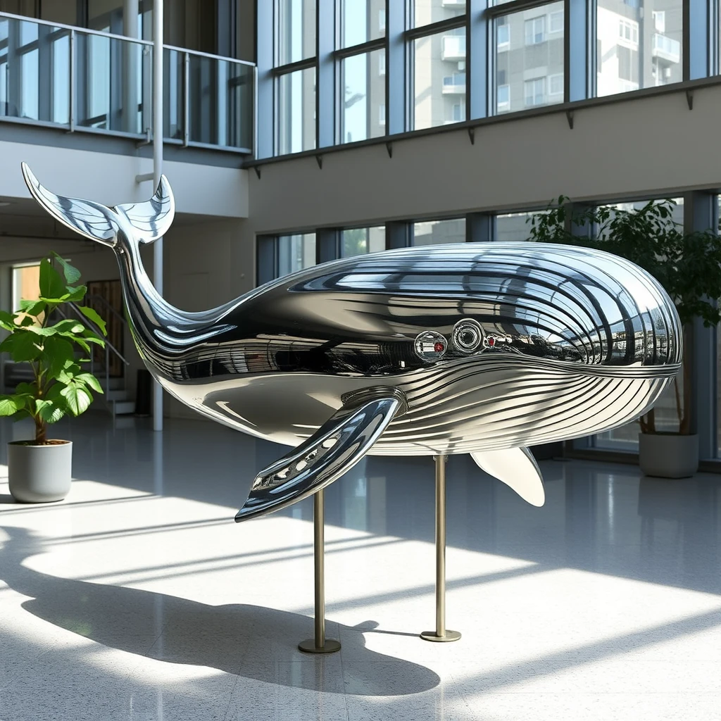 "A bright metal whale sculpture in an indoor setting." - Image