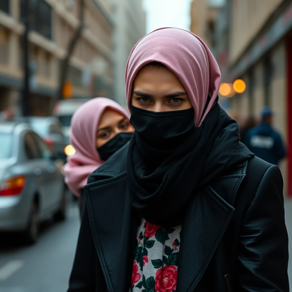 Jamie Dornan's face, hair, and body shot: handsome, young, shaved, face mask black, black coat suit, dating love with the biggest soft pink hijab, black leather jacket, face mask black, biggest floral skirt, hyper realistic, street photography.