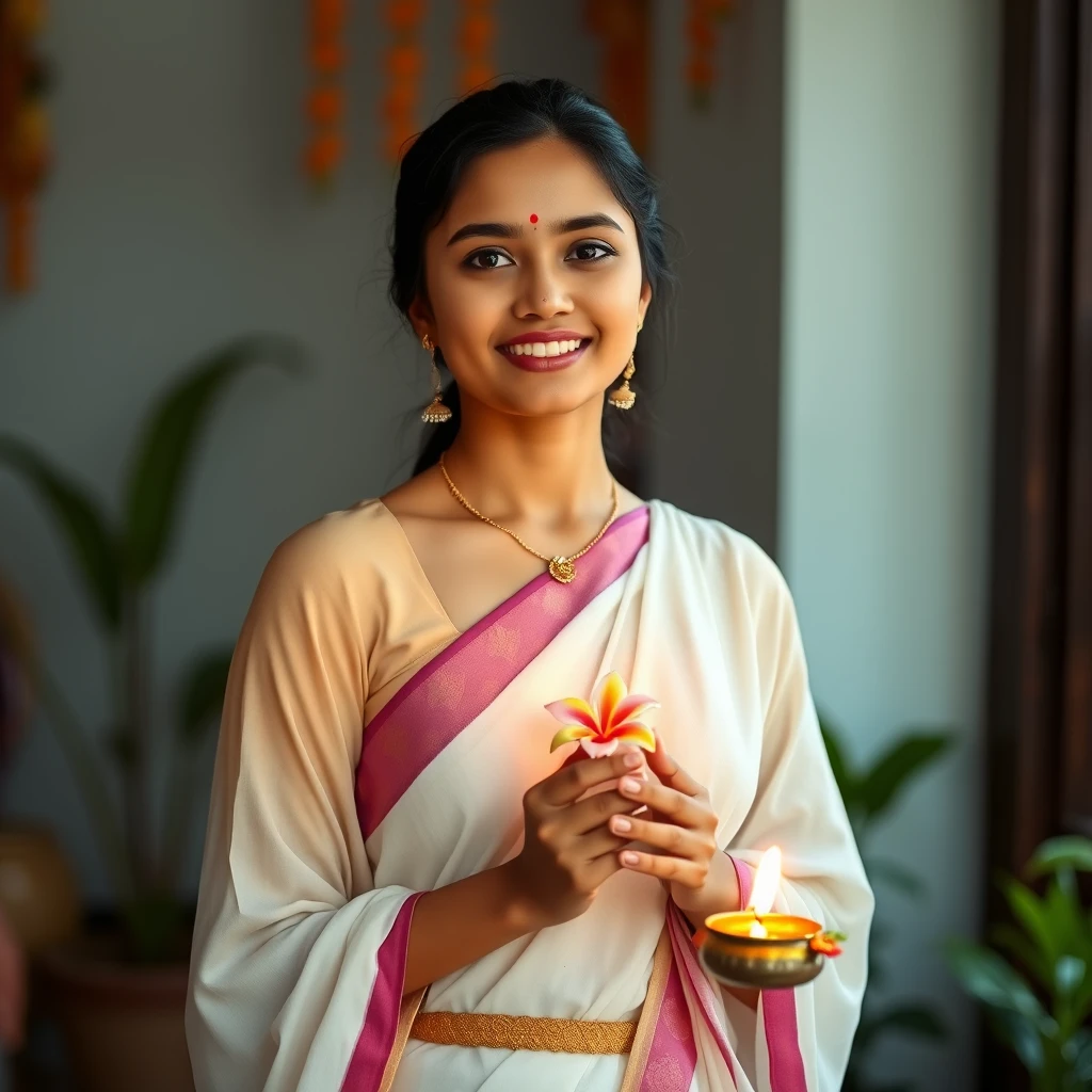 A busty 24-year-old lady, in minimalist traditional Kerala attire, wishing Onam with delicate flowers and a lamp.