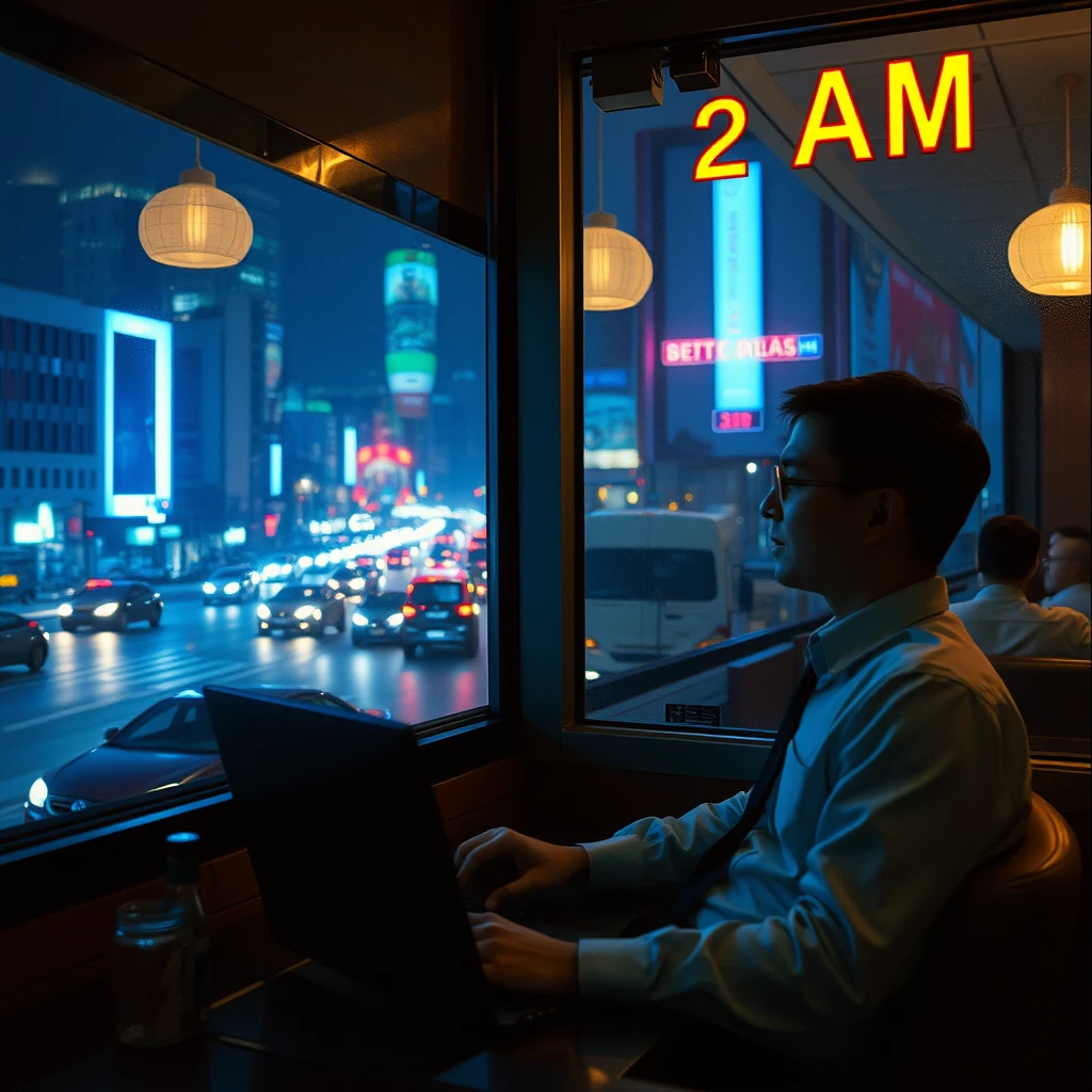 At 2 AM, a office worker sits inside a restaurant, with the city night view and traffic outside the window, in a cyberpunk style. - Image