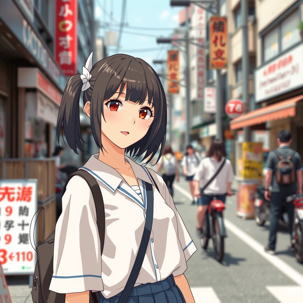 "Generate a Japanese high school girl, with a background on the streets of Tokyo." - Image