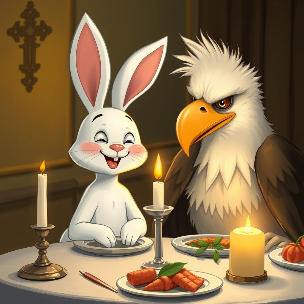 White rabbit and eagle smiling at candlelit table eating dinner.