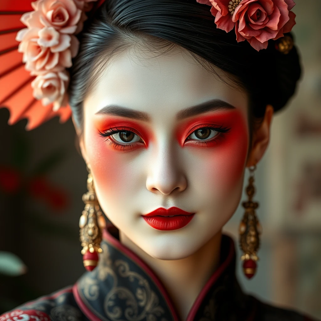 a beautiful oiran with makeup and red eyeshadow