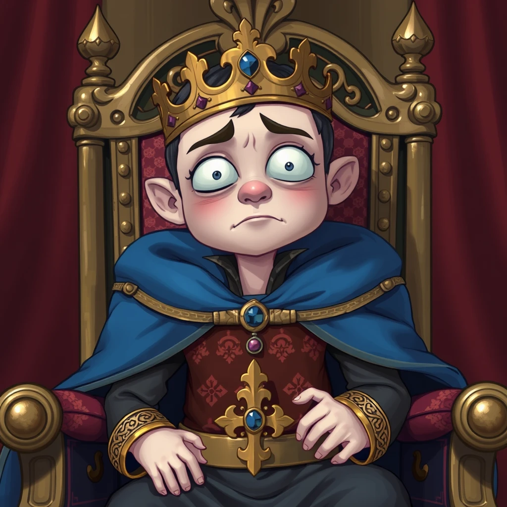 A sickly looking prince on a throne with a blue cape. - Image