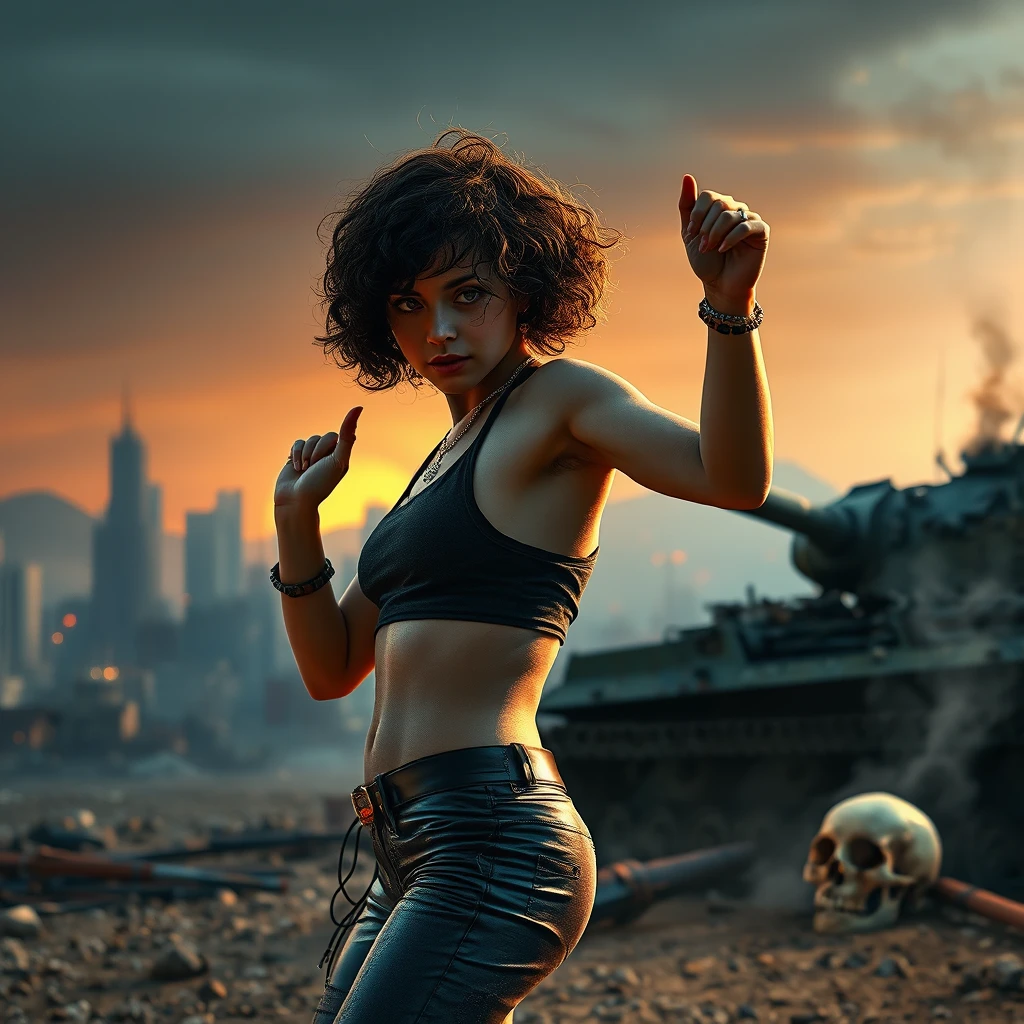 Photorealistic image. A young, beautiful woman with short, curly hair dressed in cyberpunk clothes is dancing. In the background, there is a destroyed city at sunset. On the right side of the image, a destroyed and smoking tank is visible, along with a human skull on the ground.