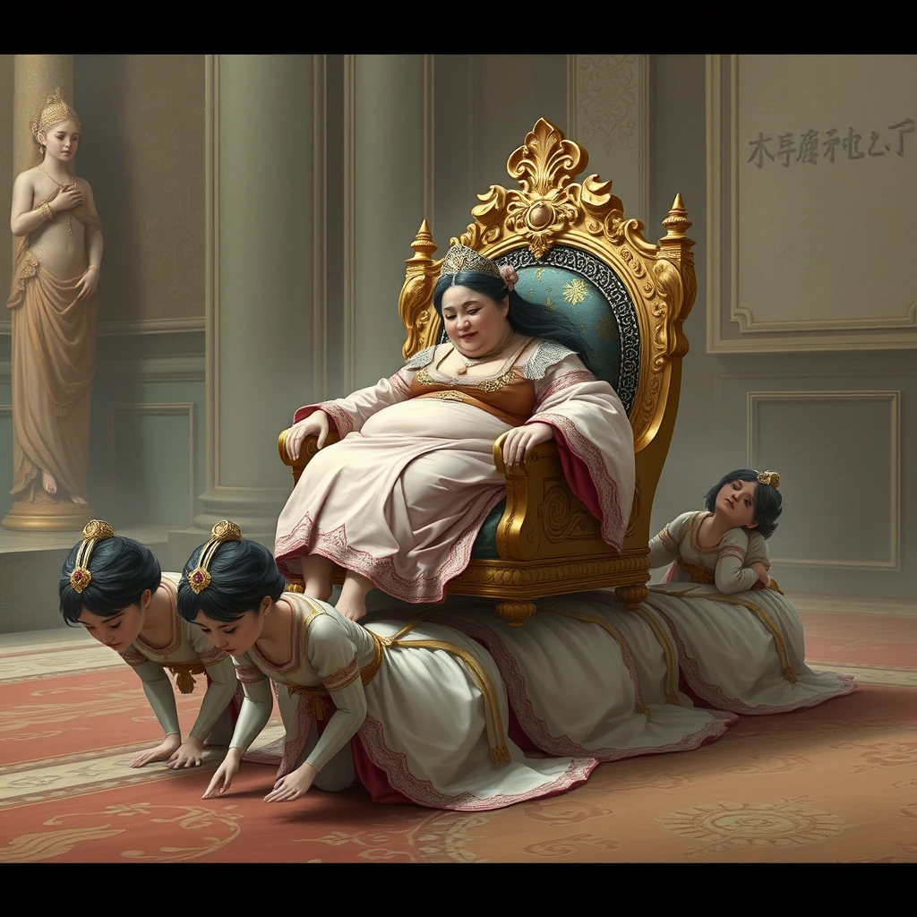 A group of palace maids crawled forward, carrying a luxurious throne on their backs, while the plump empress sat on it, resting.