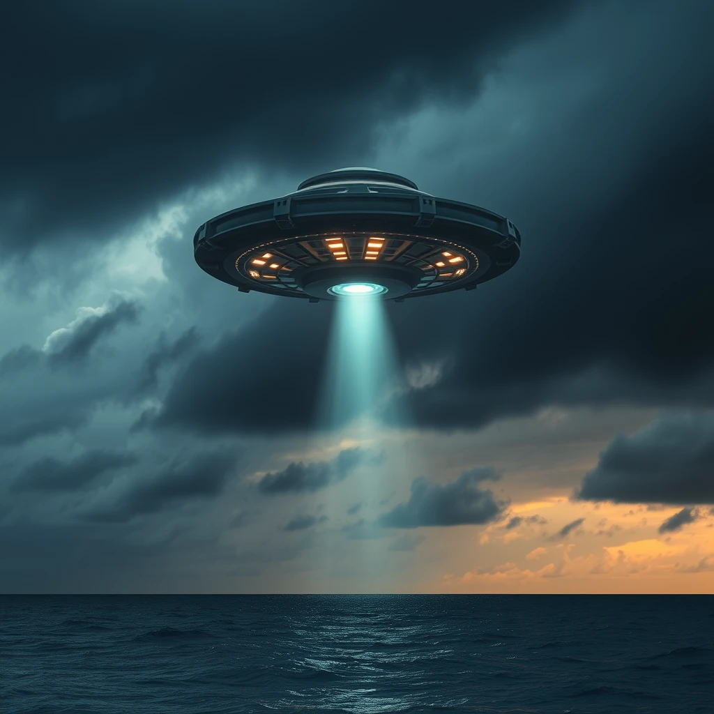 sea side, dark clouds, ufo, alien invaders close-up - Image