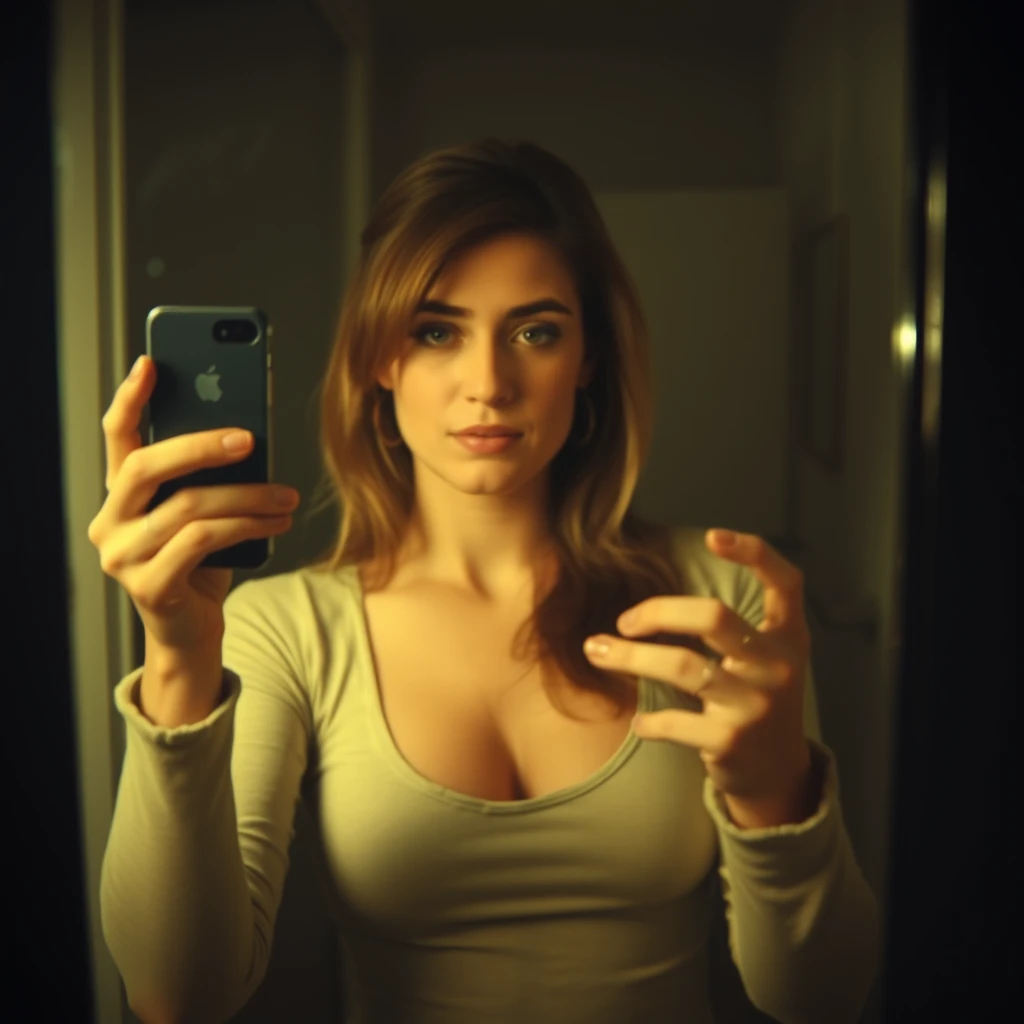 Phone photo: A woman super hero stands in front of a mirror capturing a selfie. The image quality is grainy, with a slight blur softening the details. The lighting is dim, casting shadows that obscure her features. Her expression is casual while the old iPhone struggles to focus, giving the photo an authentic, unpolished feel. The mirror shows smudges and fingerprints, adding to the raw, everyday atmosphere of the scene.