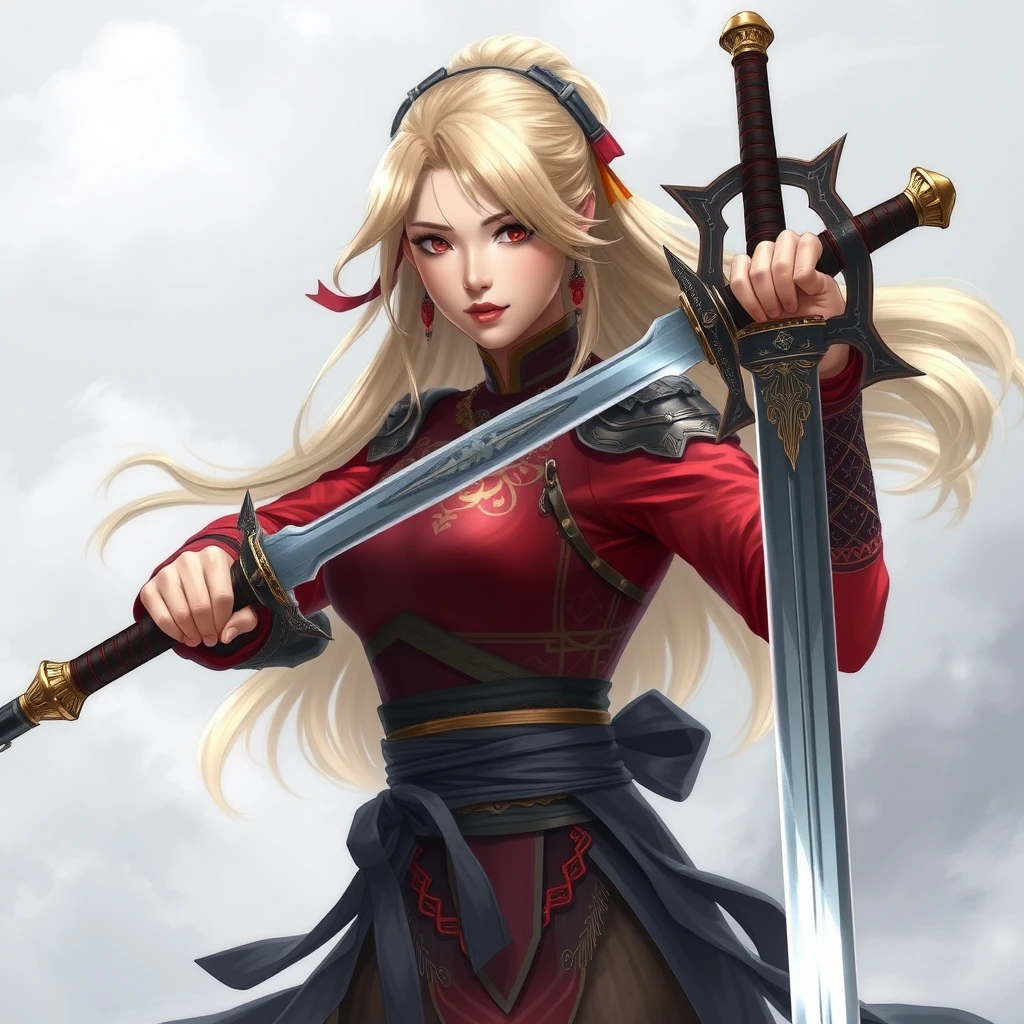 A blonde Chinese beautiful girl, holding a big sword.