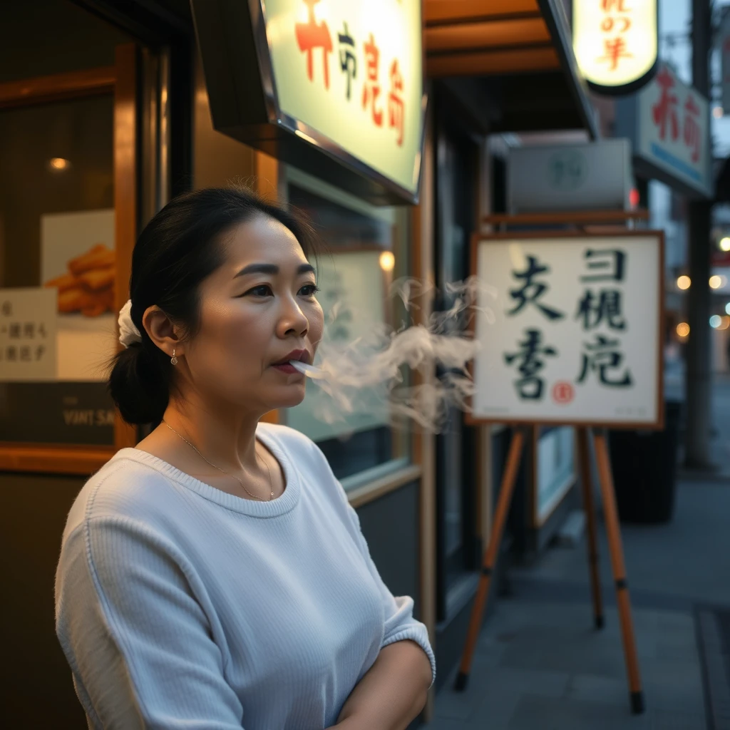 In the evening, a woman is smoking outside a restaurant. There is a sign outside the restaurant, and the writing on the sign is clearly visible, containing Chinese characters or Japanese.