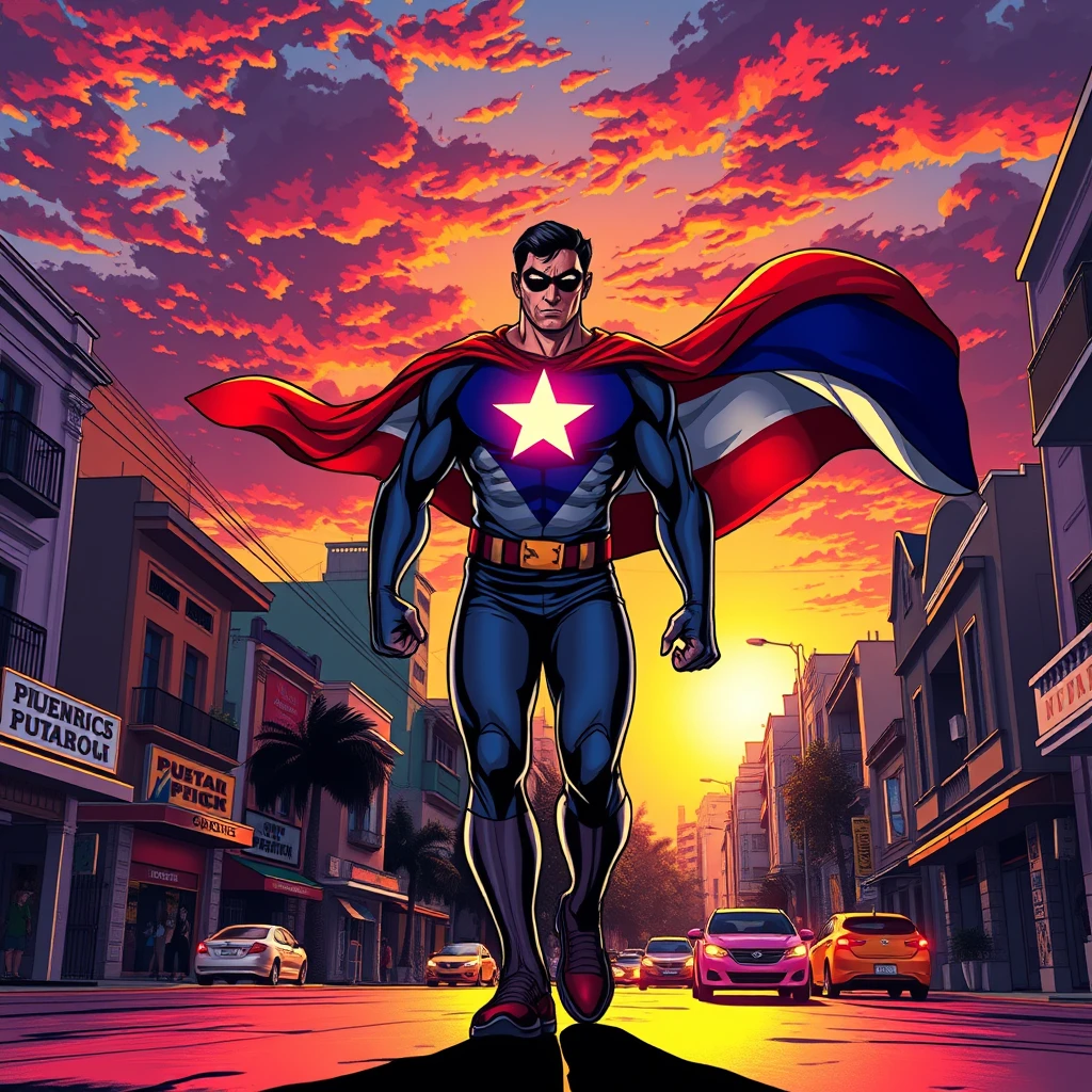 As the sun sets over the vibrant streets of Puerto Rico, your superhero strides confidently through the bustling city, the flag of Puerto Rico billowing behind them like a majestic cape. With their emblematic machete logo gleaming proudly on their chest, they pause, sensing trouble stirring in the heart of San Juan. Ready to defend their homeland, they embark on their next mission to protect the island and its people from any threat that dares to challenge its beauty and resilience, vibrant, art by Todd Mcfarlane.