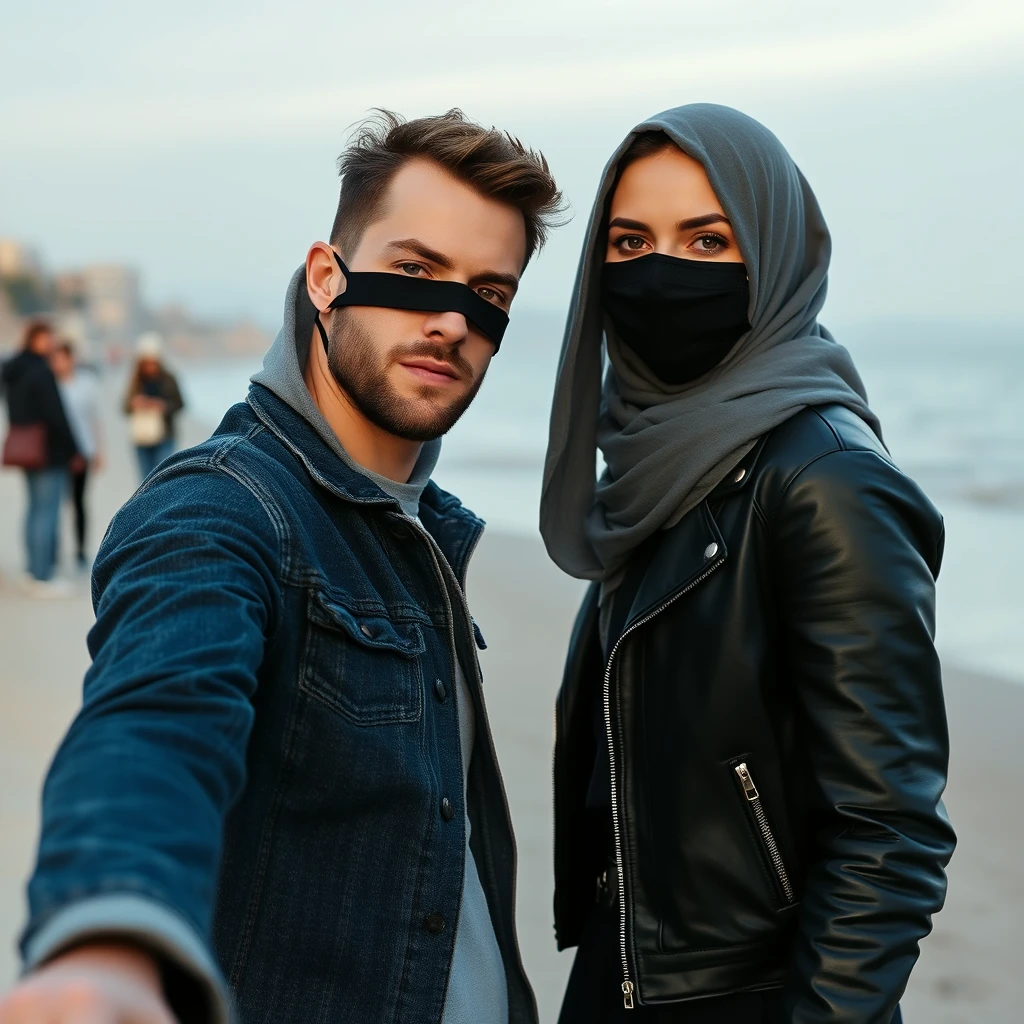 Jamie Dornan's head and body shot, handsome, black face mask, denim jacket, jeans, dating the biggest grey hijab Muslim girl, beautiful eyes, black face mask, black leather jacket, biggest skirt, at the beach, hyper-realistic, street photography, selfie.