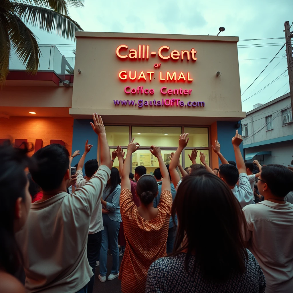 People celebrating in front of a call center office in Guatemala as if it were a concert, in wide-angle 16:9 and using a theatrical camera, shot from ground level, with an aesthetic similar to the movie Amélie, where no faces are visible because everyone is turned towards the office. - Image