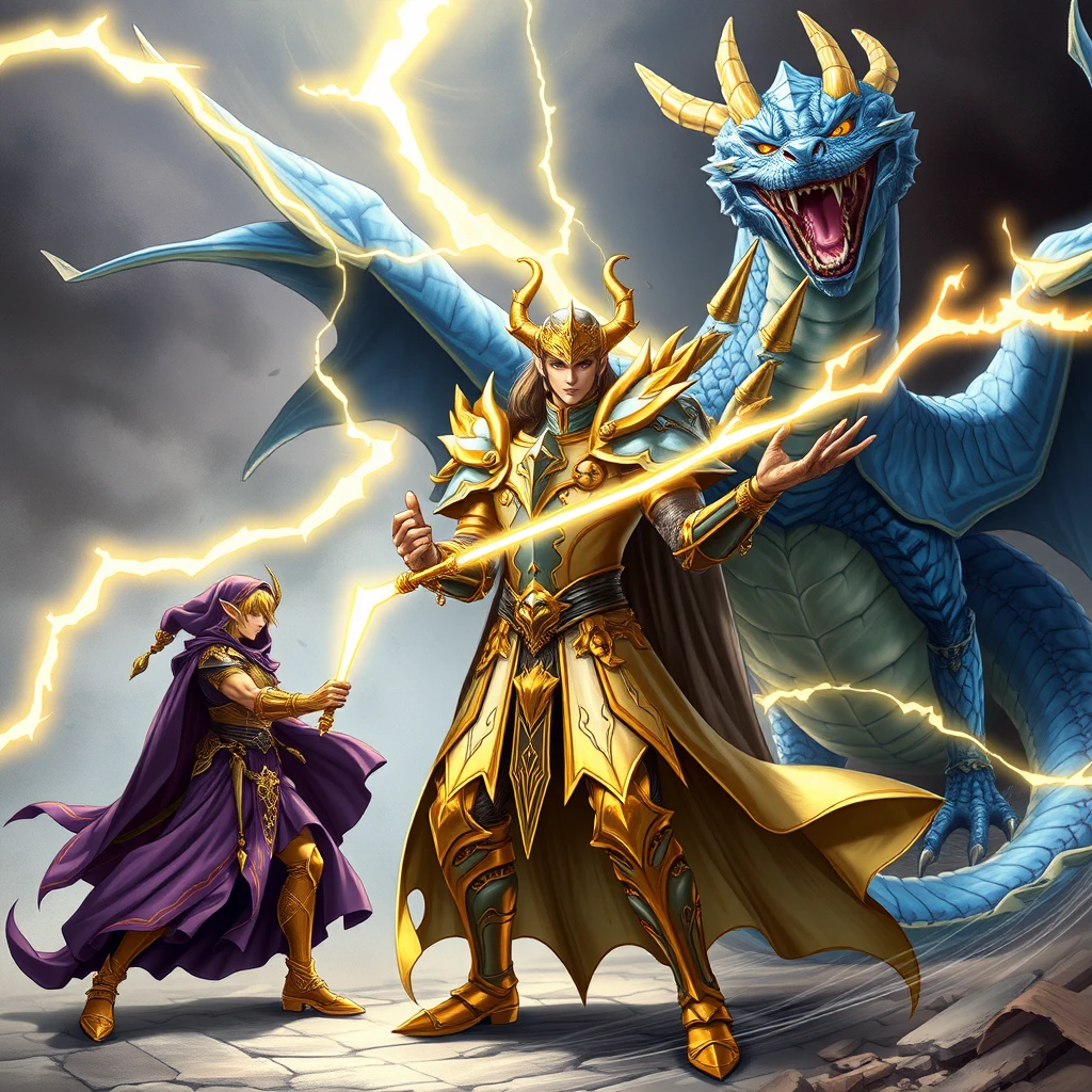 Gold and silver paladin devoted to Bahamut, the paladin doubled in size by an elf mage in a purple robe, fighting a blue dragon with lightning-shaped scars across the dragon's body. The paladin and elf are on the left, the dragon on the right. - Image