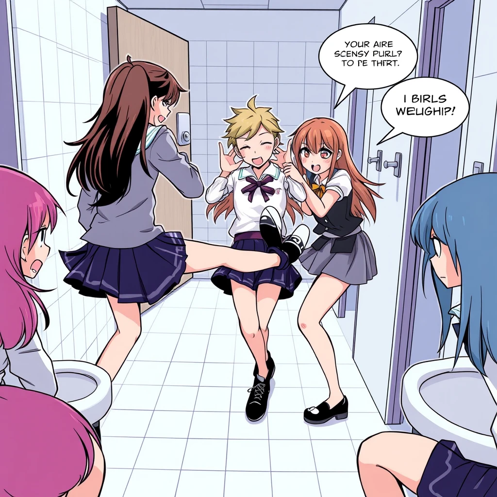 A group of beautiful girls angrily kicking or pouncing on a boy in the girls' bathroom at school, comic.