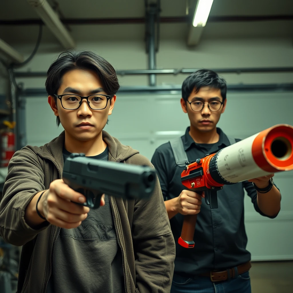 21-year-old thin Northern Chinese man with a square chin, wearing square glasses, mid-length hair, holding a pistol; 21-year-old Italian man wearing round glasses and short hair, holding a very large fire extinguisher flamethrower; garage setting; both angry.