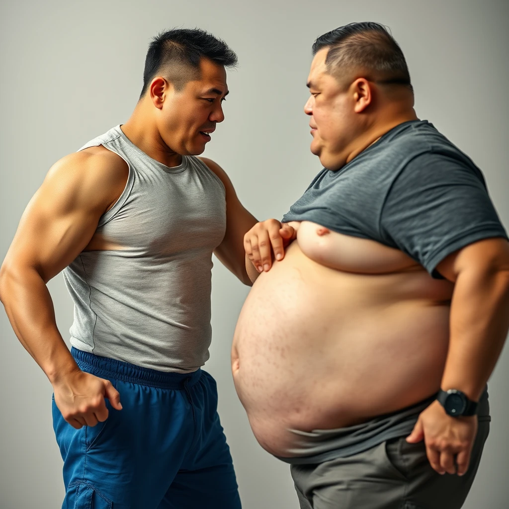 A muscular Asian middle-aged man is hitting the belly of a chubby person opposite him with his fist, 4k, hd.