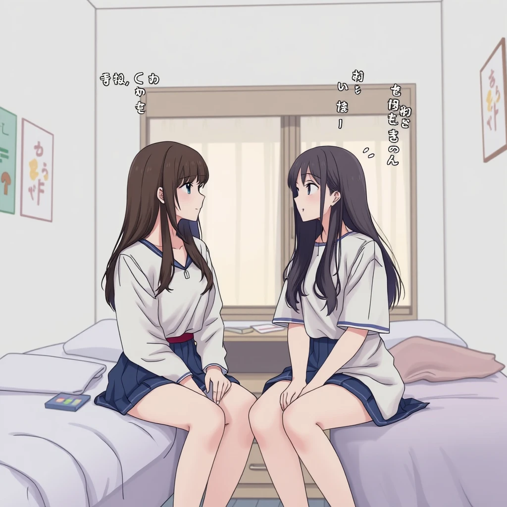 In the bedroom, two female students are chatting, with Chinese characters or Japanese.