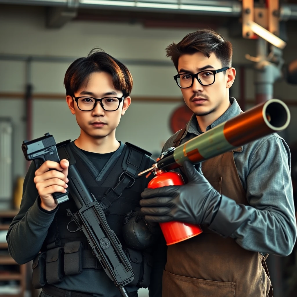 21-year-old white thin long-faced adult northern Chinese man with a square chin, wearing square glasses, holding a pistol, "medium/long length hair," tactical chest rig; 21-year-old Caucasian Italian man wearing round glasses and short hair holding a very large fire extinguisher flamethrower, welding apron, and long leather gloves; garage setting; both angry. - Image