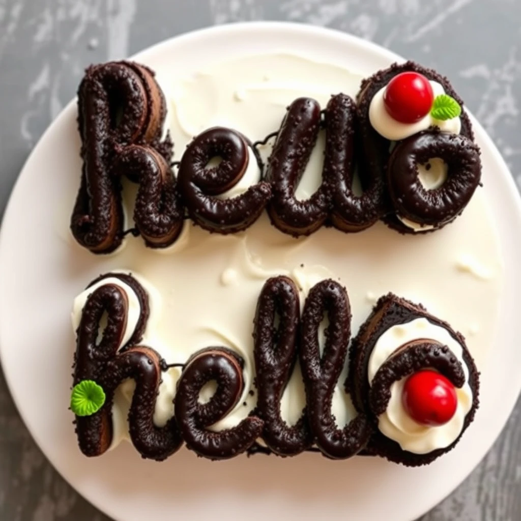 "Black Forest cake arranged to spell 'hello', delicious and tasty, food photography, dynamic shooting."