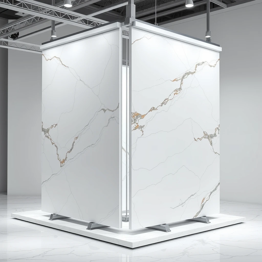 Please show an animation of a smart, stylish automated display system that can hold large 4-meter sized, polished marble panels, such that the marble panels can be carried up to the display arena using a combination of overhead rails and AGVs, and upon arriving, automatically arrange into L-shaped bookmatch format for the best viewing experience. - Image