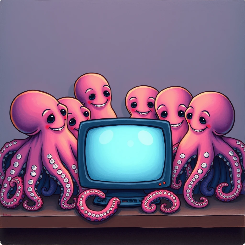 Eight octopuses smiling at a tv