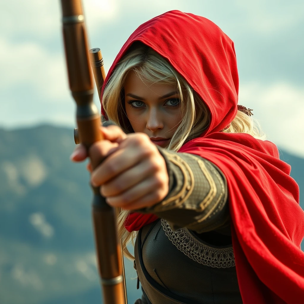 Photorealistic from the front: Blonde fantasy heroine with a red cloak aims with a longbow into the distance. - Image