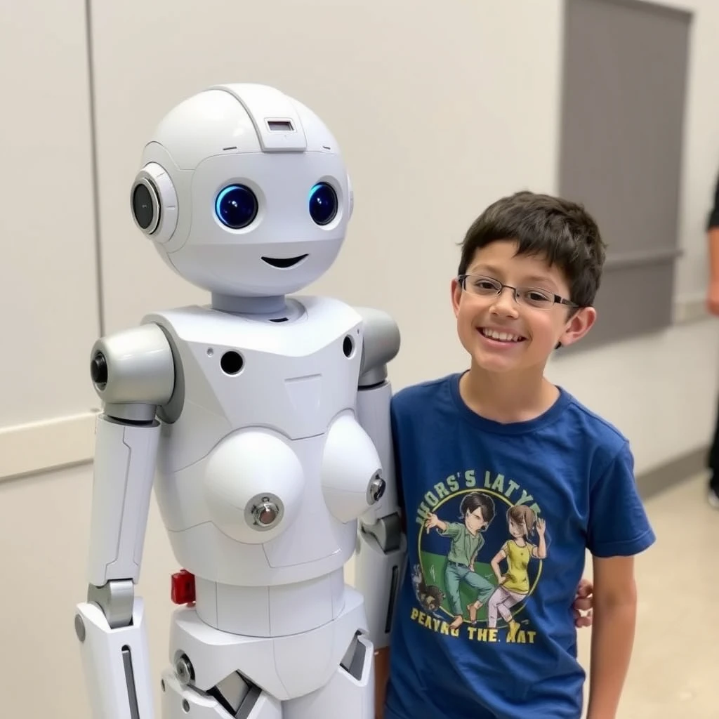 A boy is pleased by a life-size fembot for his science fair project. - Image