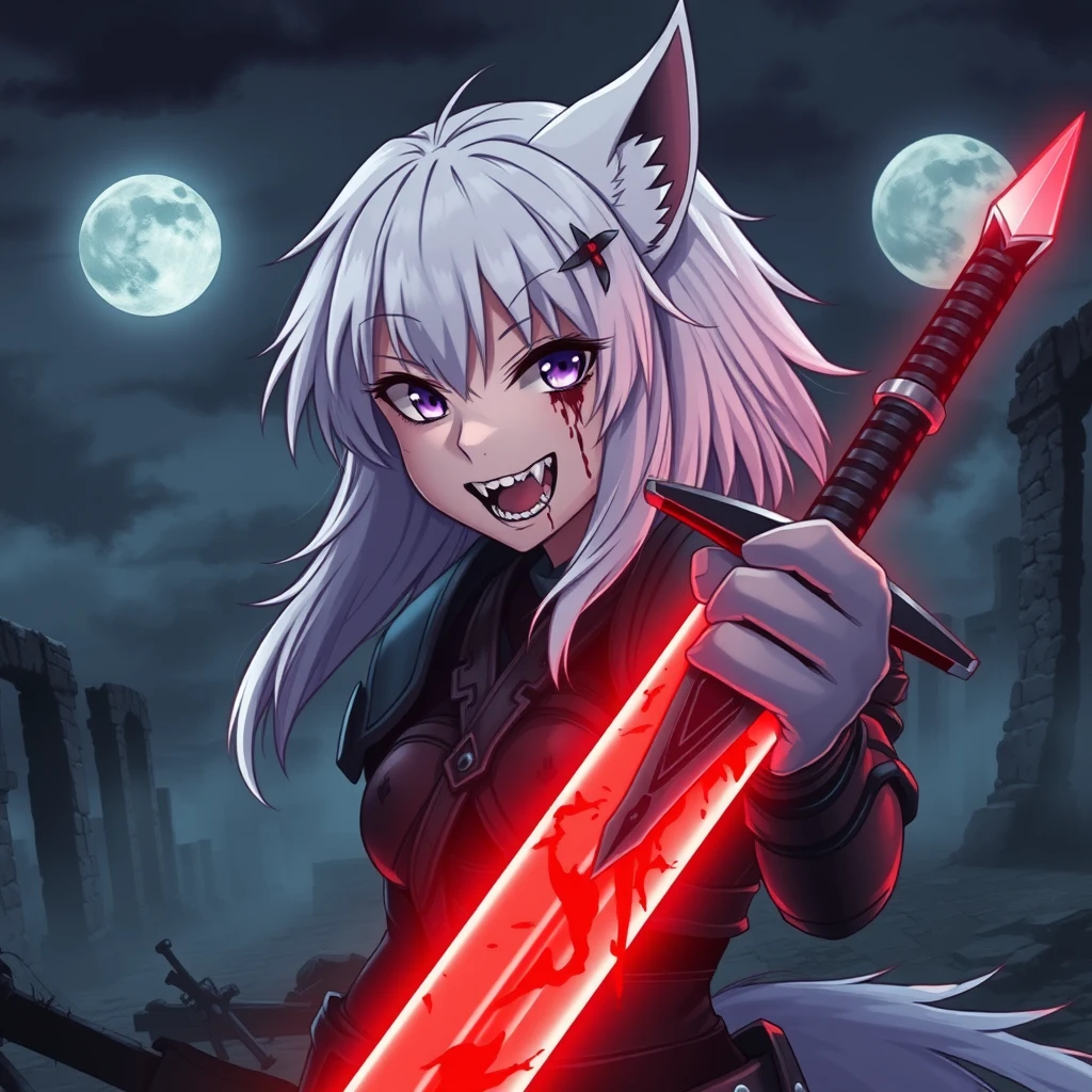 Anime girl with fangs and medium white hair, wolf ears, and a tail, with purple eyes and an evil grin and blood on her face, holding a sword in her right hand. The sword is glowing light red and covered in blood. The girl is wearing armor. Old ruins can be seen in the background; it is dark and foggy. In the sky is a full moon. Dramatic, dynamic, cinematic. - Image