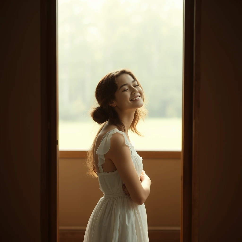 A serene, blissful scene of a young woman in a white dress. The scene feels authentic and unpolished.