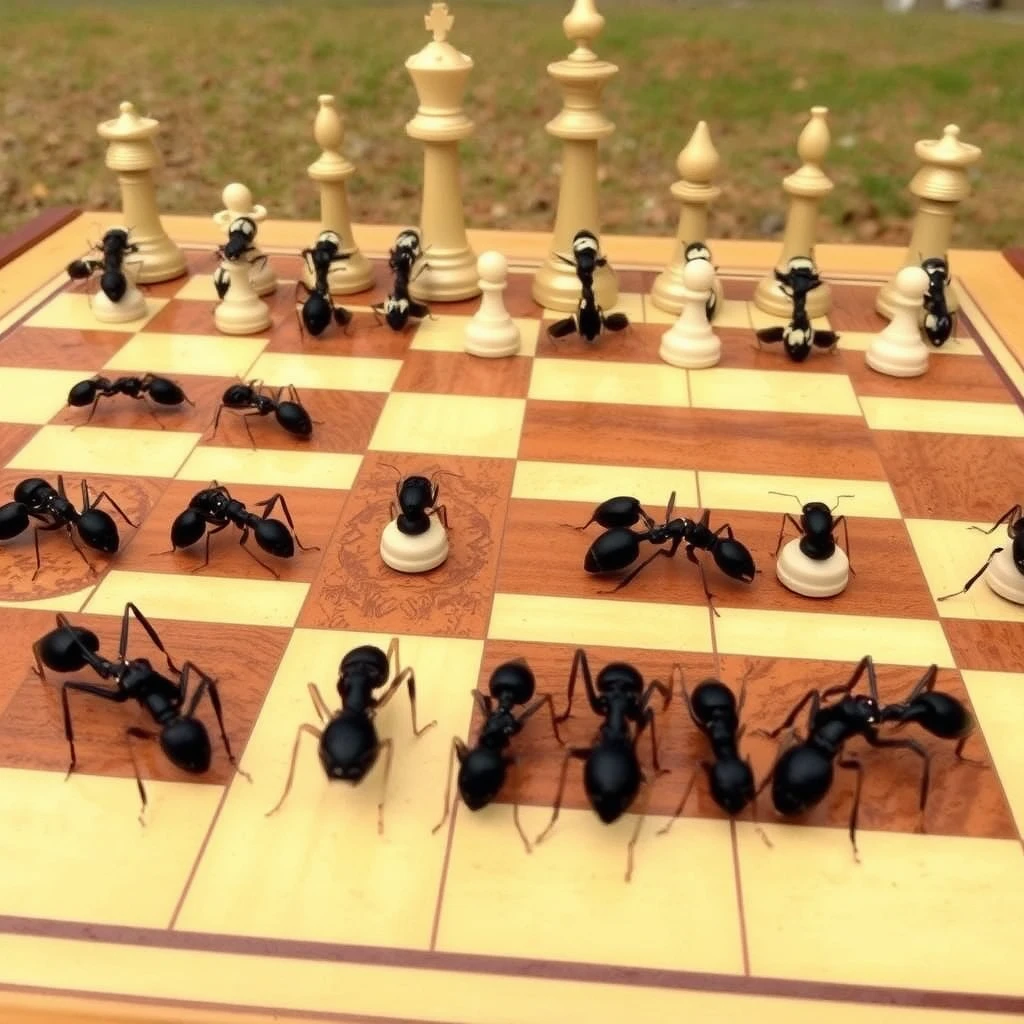 A chessboard but instead of the normal pieces, they are all types of ants. All the pawns are black/white carpenter ants, etc. - Image