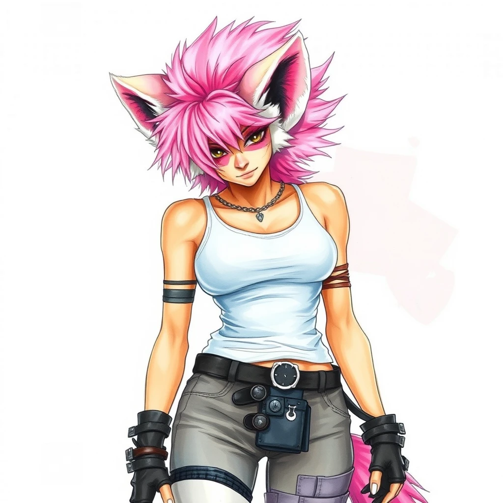 watercolor art, an anthro female hyena, pink fluffy hair, punk, white tank top, clothing, heavy chest, tall, wide hips