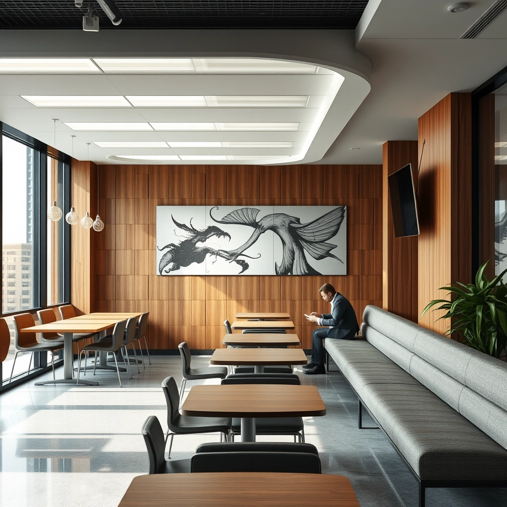 interior, office canteen, modern, wood panel, movie scene - Image