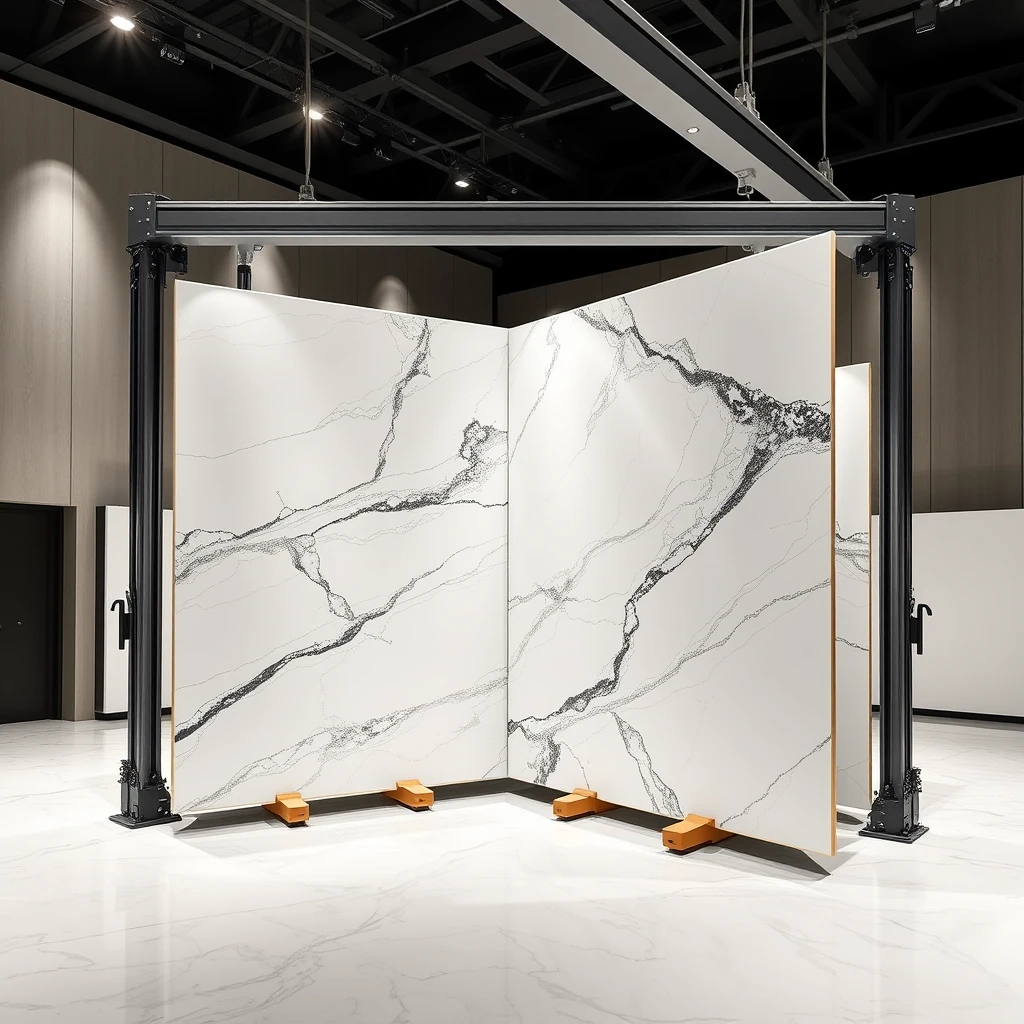 Smart, stylish automated display system that can hold large 4-meter-sized polished marble panels, allowing the panels to be carried on overhead rails to the display arena, where they automatically arrange into an L-shaped bookmatch format for the best viewing experience.