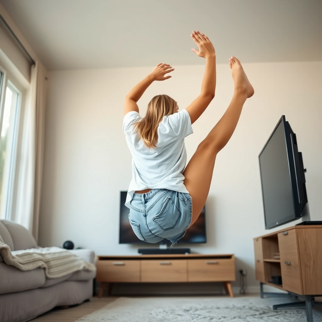 Side view angle of a skinny blonde woman in her large living room, wearing an oversized white t-shirt that hangs unevenly on one sleeve, paired with oversized light blue denim shorts. She is barefoot, facing her TV, and dives headfirst towards it, with both arms raised beneath her head and her legs elevated high in the air at a 60-degree angle, already halfway through the TV screen.