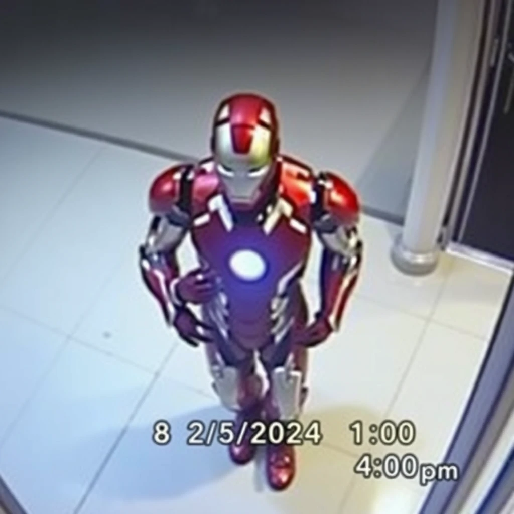 Lost CCTV footage of a man stealing an IronMan suit. The CCTV footage is dated for 8/5/2024 at 4:00pm.